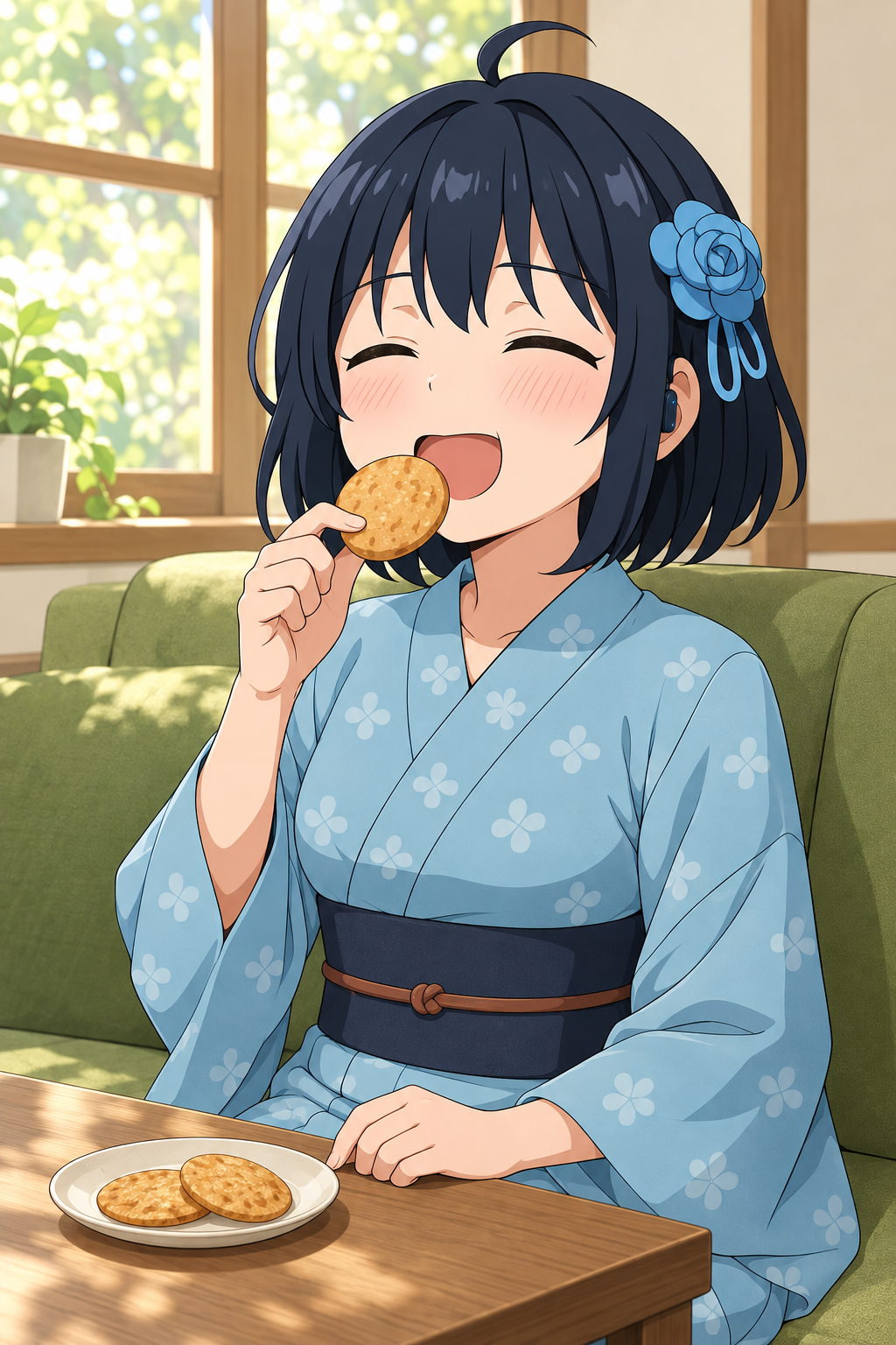 お菓子を手に、目を細めて嬉しそうに笑う水庭セイラ