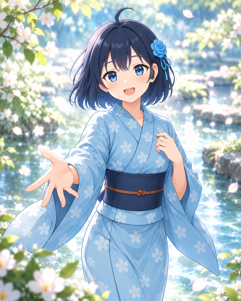 青い花を髪に添え、穏やかに手を差し出す水庭セイラ